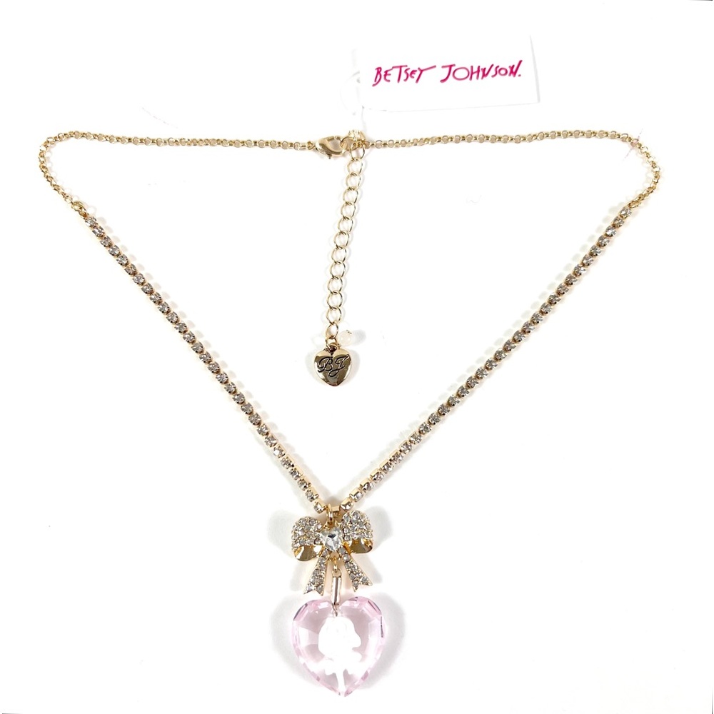 Betsey Johnson Crystal Heart Flower Bow Pendant Necklace NEW - Picture 6 of 7